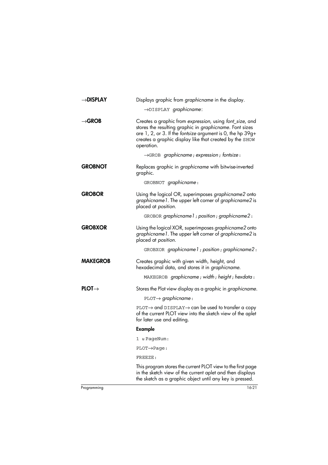 HP 39g+ Graphing manual →Display, →Grob, Grobnot, Grobor, Grobxor, Makegrob, Plot→ 