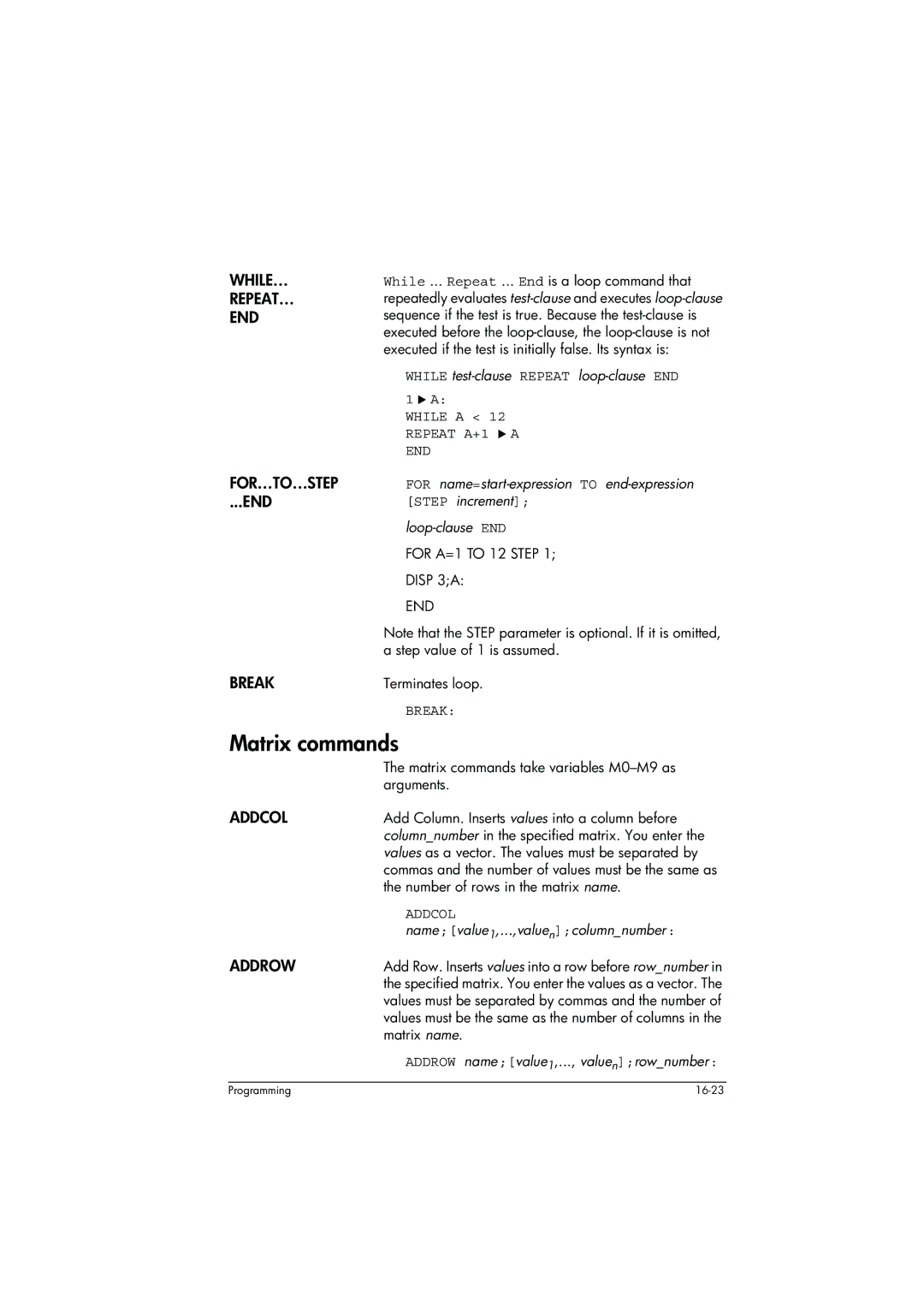 HP 39g+ Graphing manual Matrix commands 