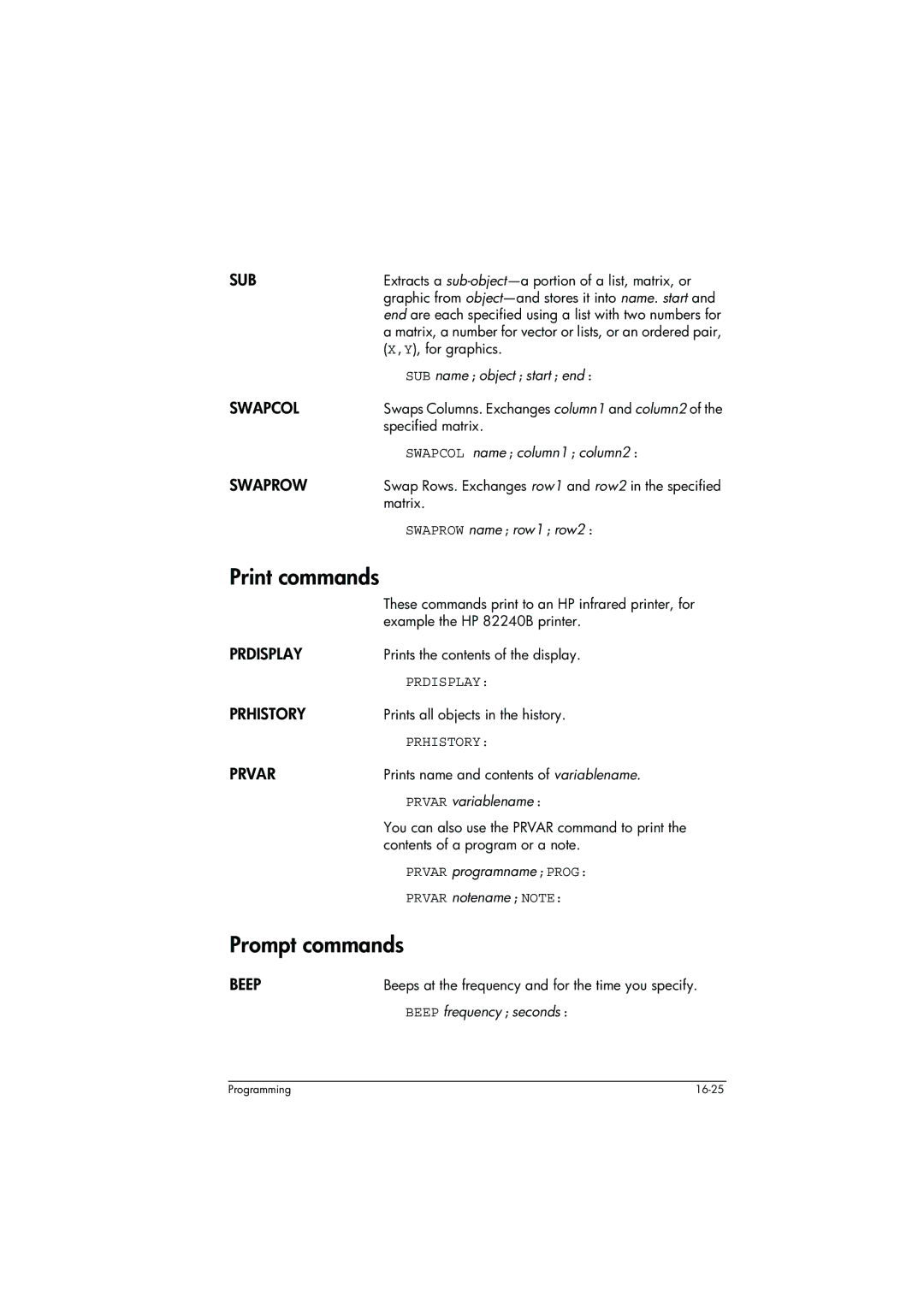 HP 39g+ Graphing manual Print commands, Prompt commands 