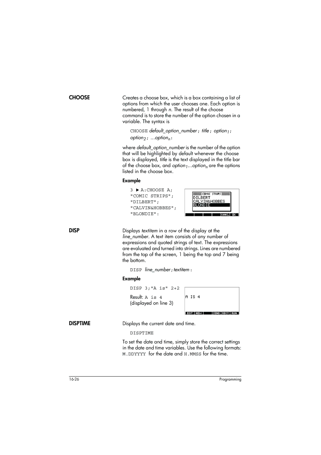 HP 39g+ Graphing manual Choose, Disptime, Disp 3A is 2+2 