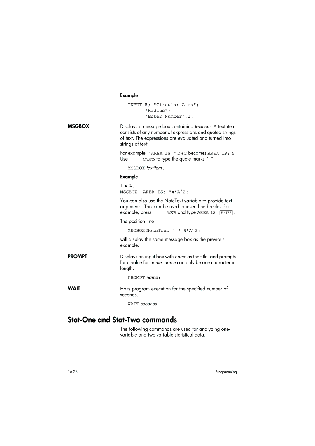 HP 39g+ Graphing manual Stat-One and Stat-Two commands, Msgbox, Prompt, Wait 