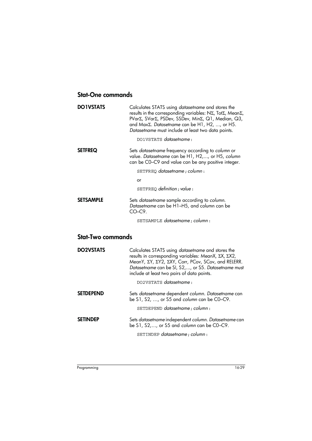 HP 39g+ Graphing manual Stat-One commands, Stat-Two commands 