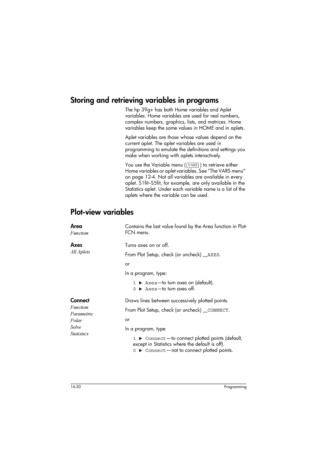 HP 39g+ Graphing manual Storing and retrieving variables in programs, Plot-view variables, Area, Axes, Connect 