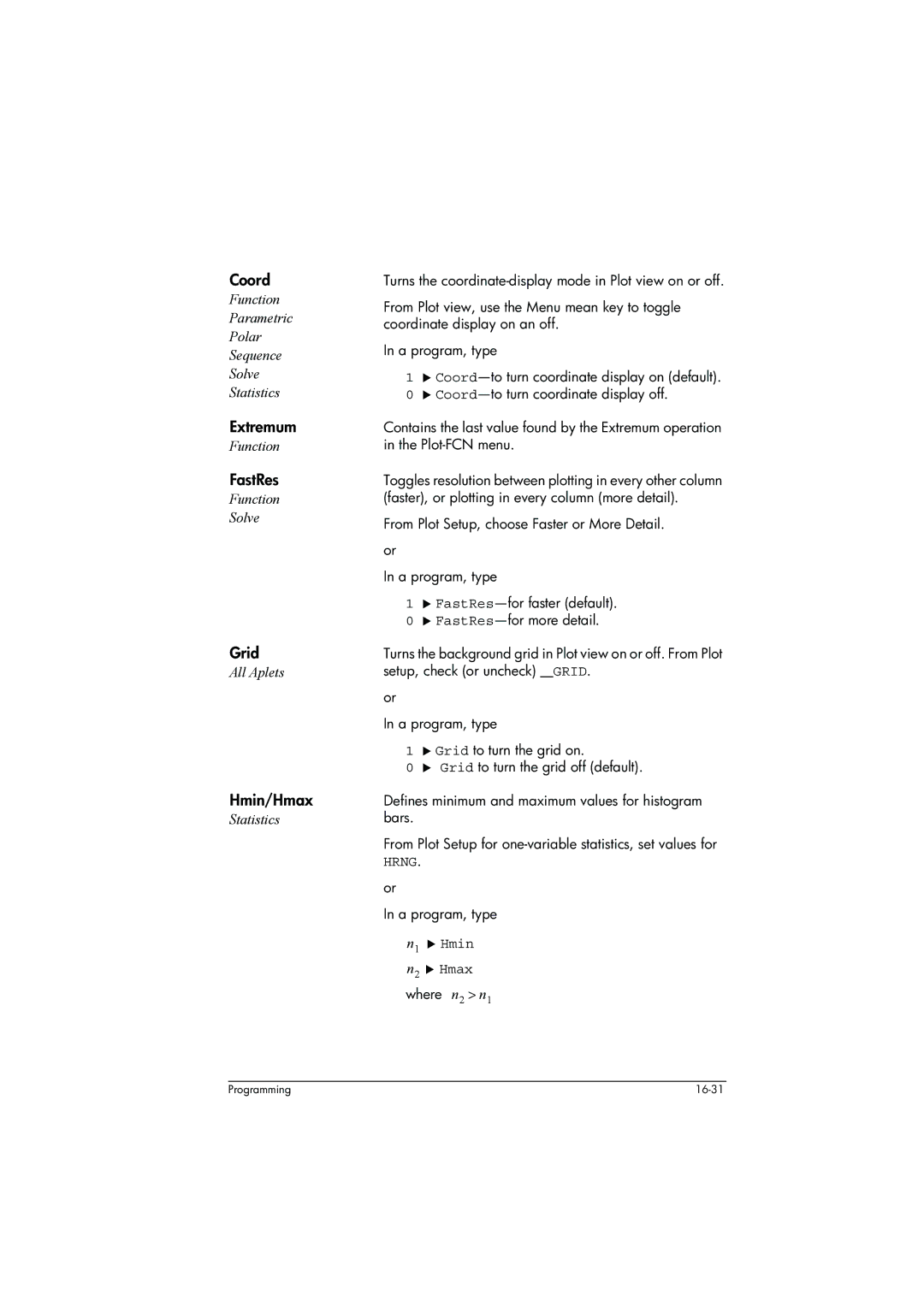 HP 39g+ Graphing manual Coord, Extremum, FastRes, Grid, Hmin/Hmax 