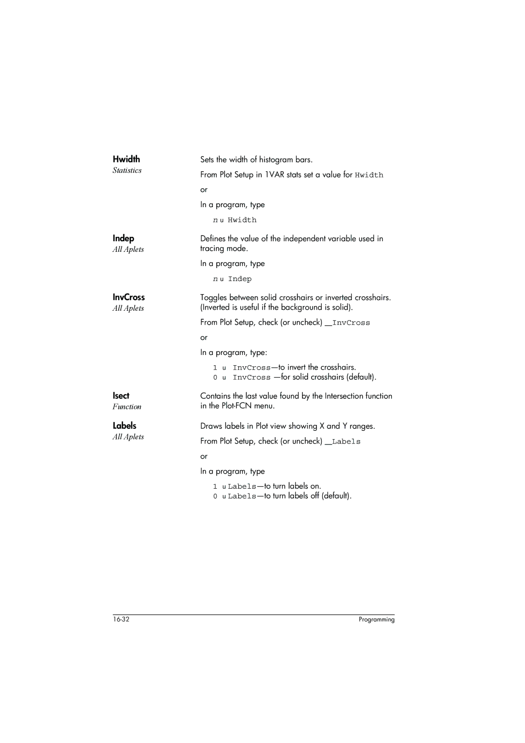 HP 39g+ Graphing manual Hwidth, Indep, InvCross, Isect, Labels 