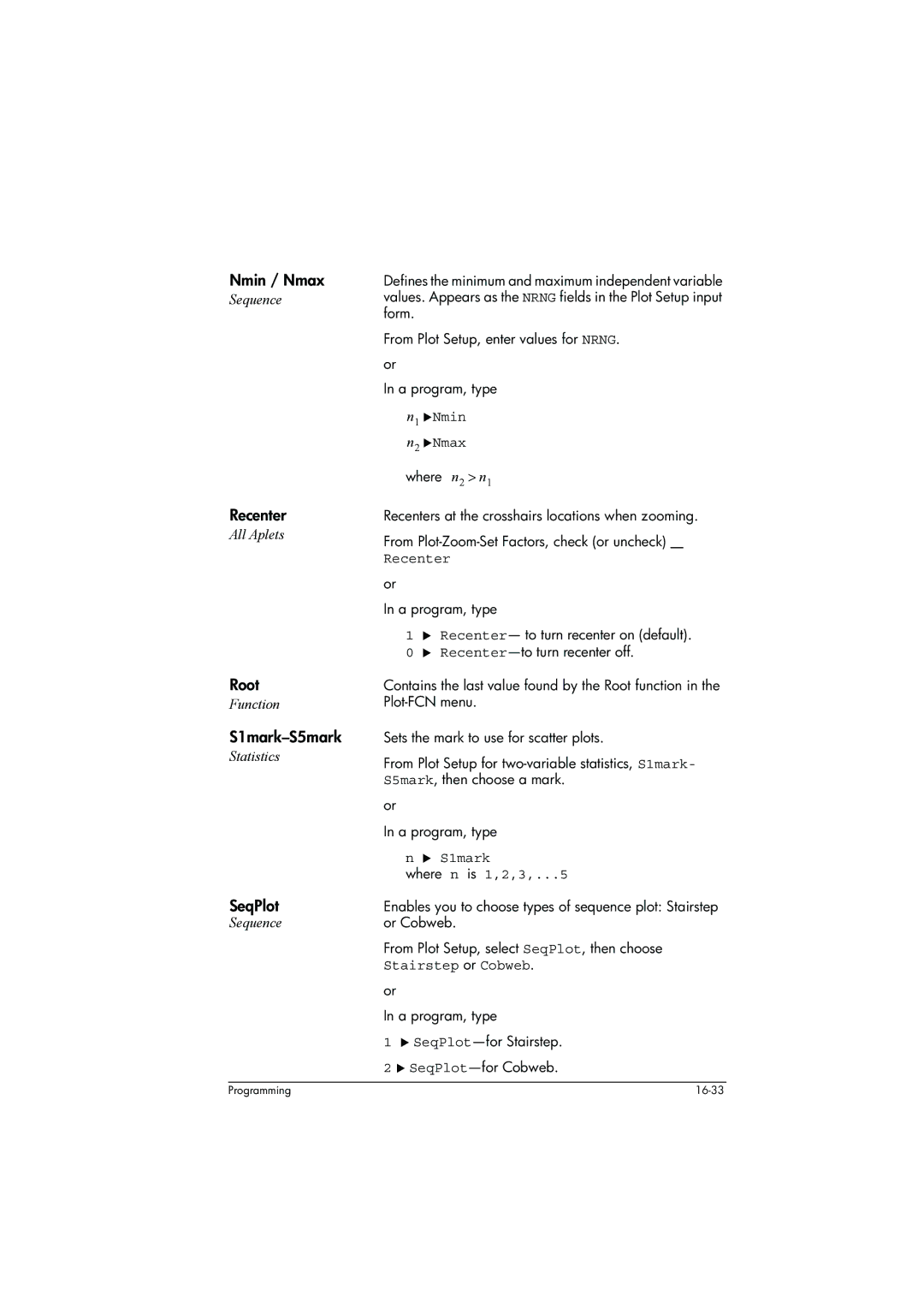 HP 39g+ Graphing manual Nmin / Nmax, Recenter, Root, S1mark-S5mark, SeqPlot 