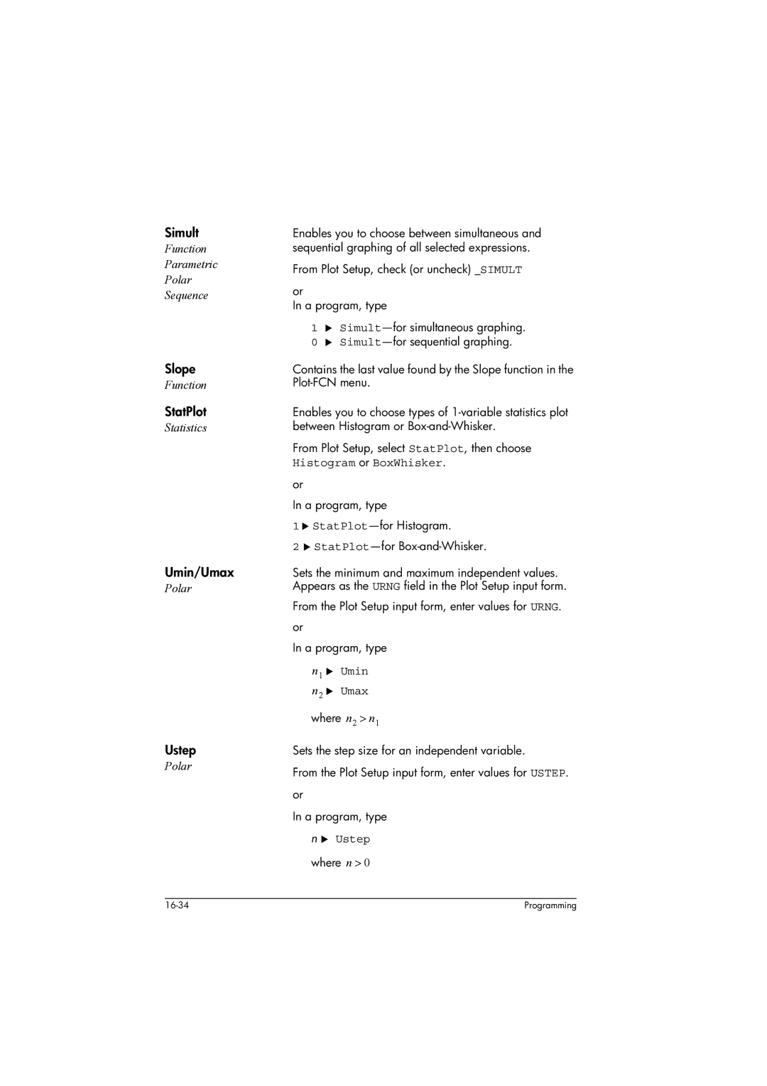 HP 39g+ Graphing manual Simult, Slope, StatPlot, Umin/Umax, Ustep 