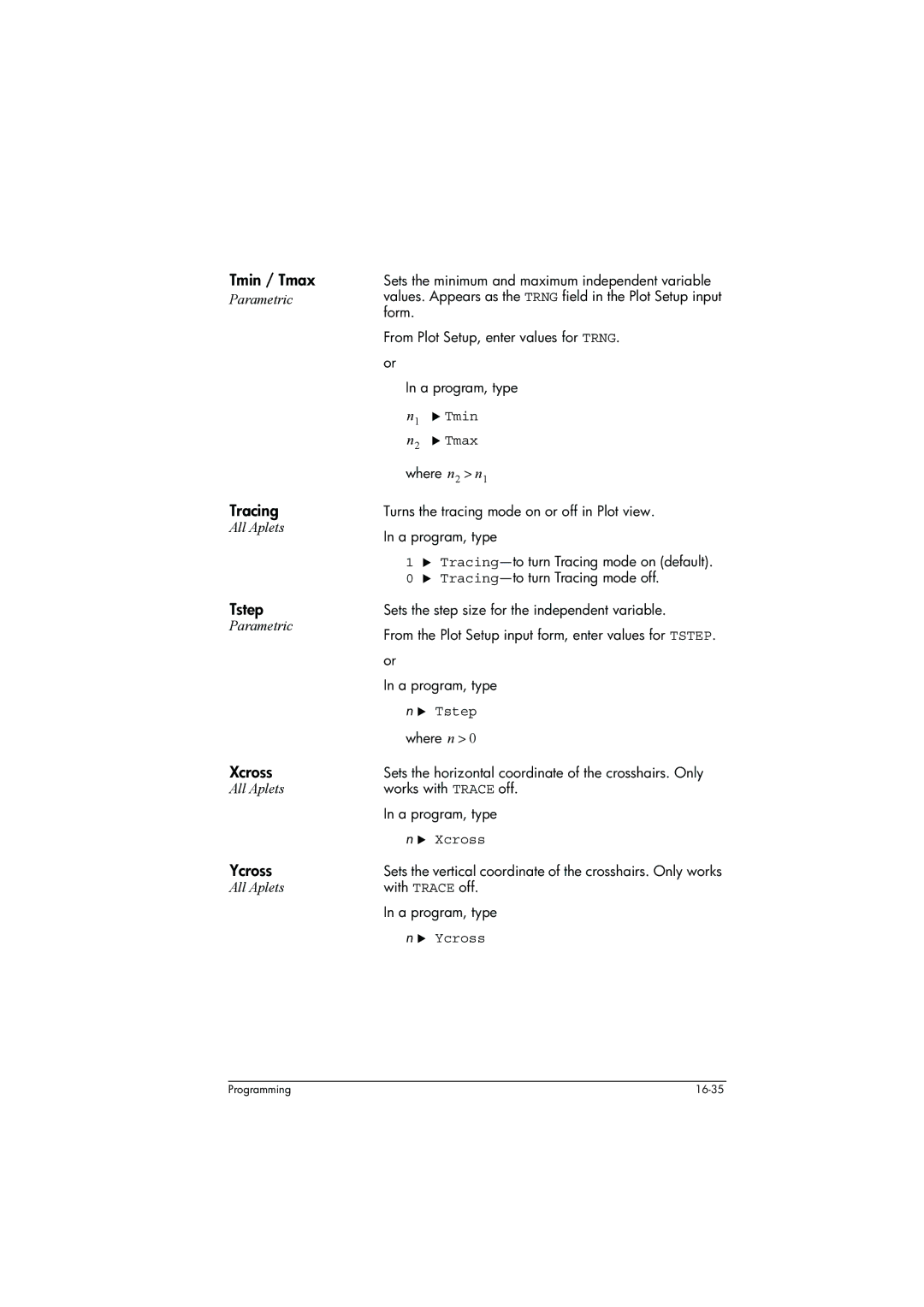 HP 39g+ Graphing manual Tmin / Tmax, Tracing, Tstep, Xcross, Ycross 