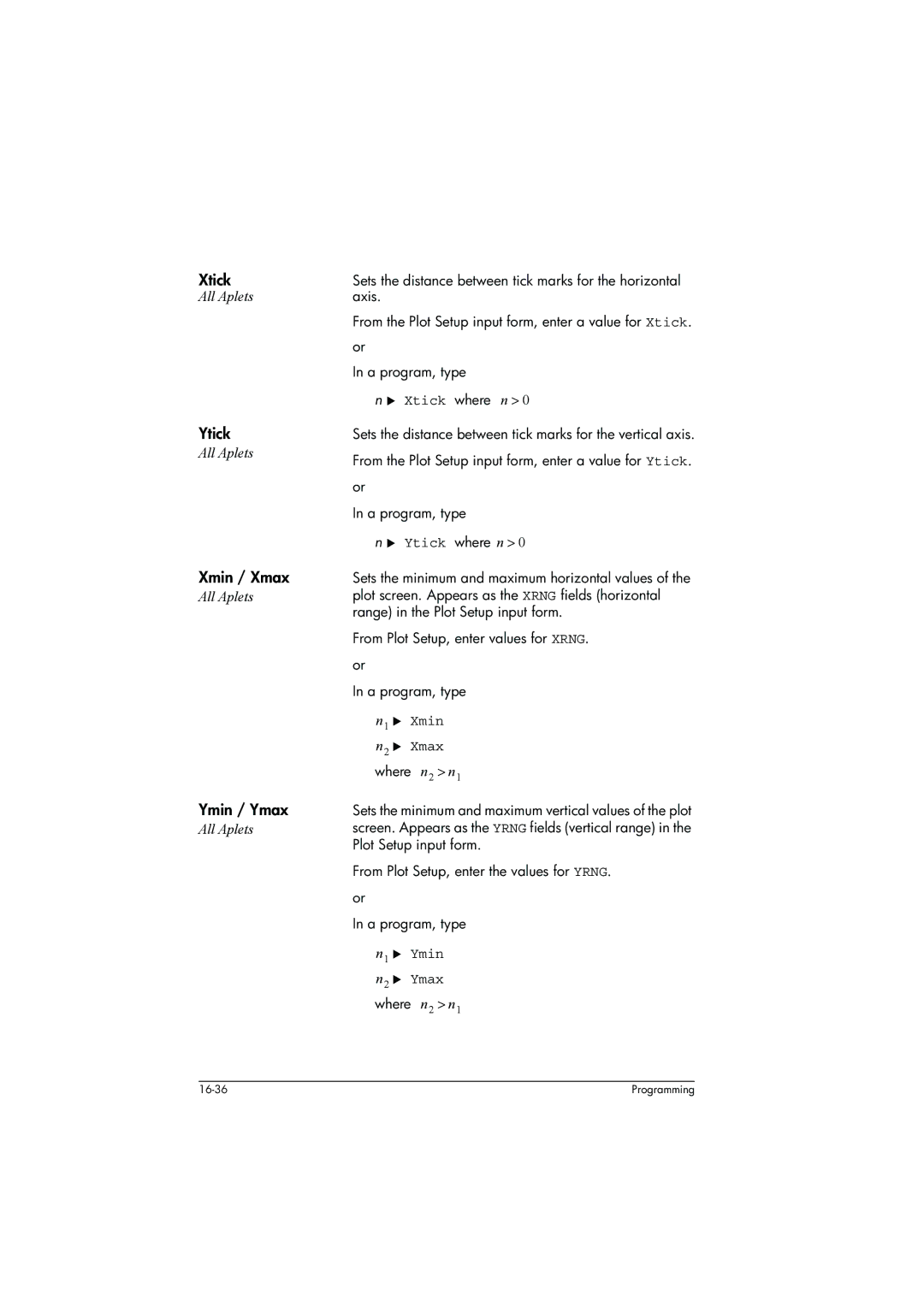 HP 39g+ Graphing manual Xtick, Ytick, Xmin / Xmax, Ymin / Ymax 