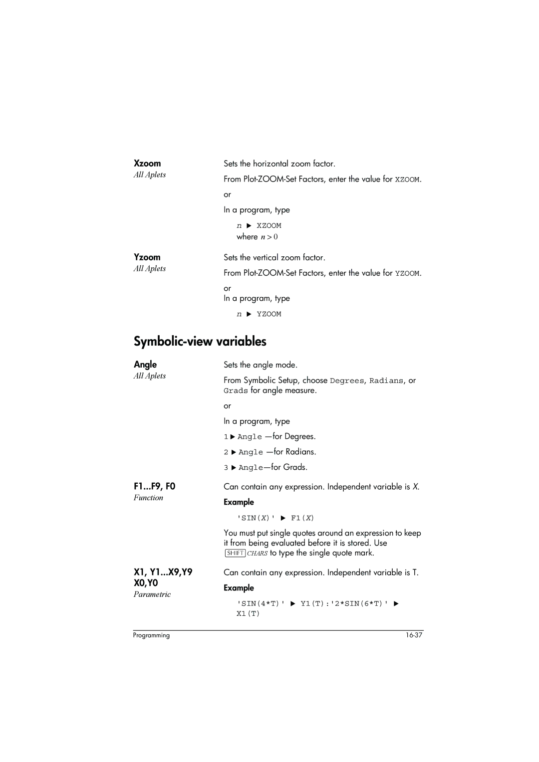 HP 39g+ Graphing manual Symbolic-view variables 