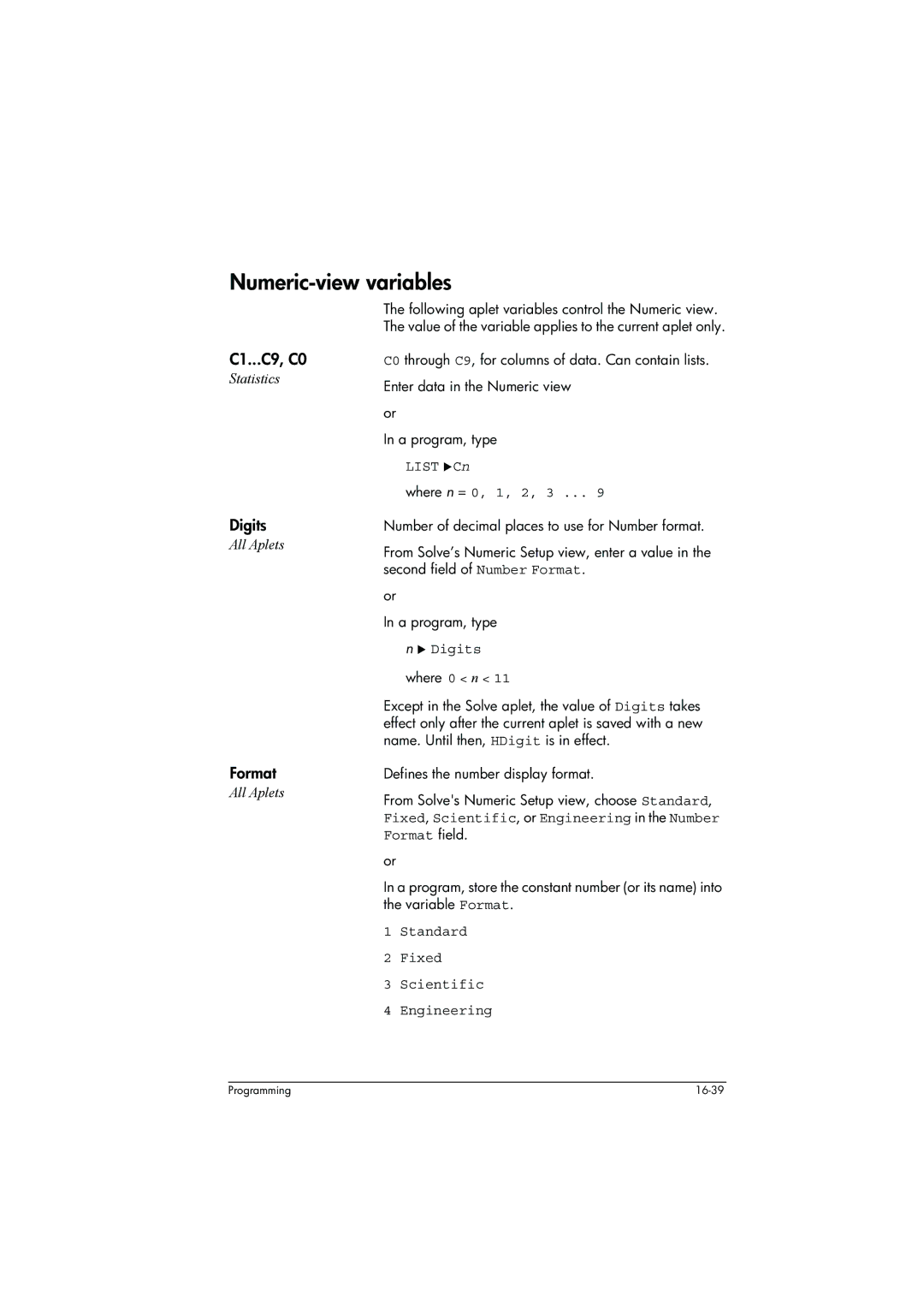 HP 39g+ Graphing manual Numeric-view variables, C1...C9, C0, Digits, Format 