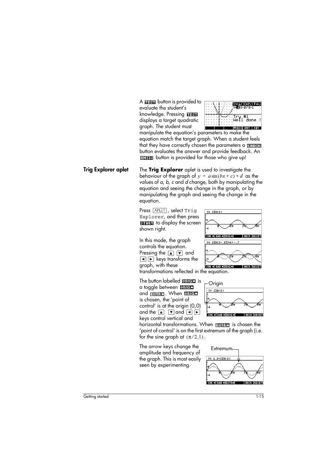 HP 39g+ Graphing manual Keys Transforms Graph, with these, Amplitude and frequency, Seen by experimenting 