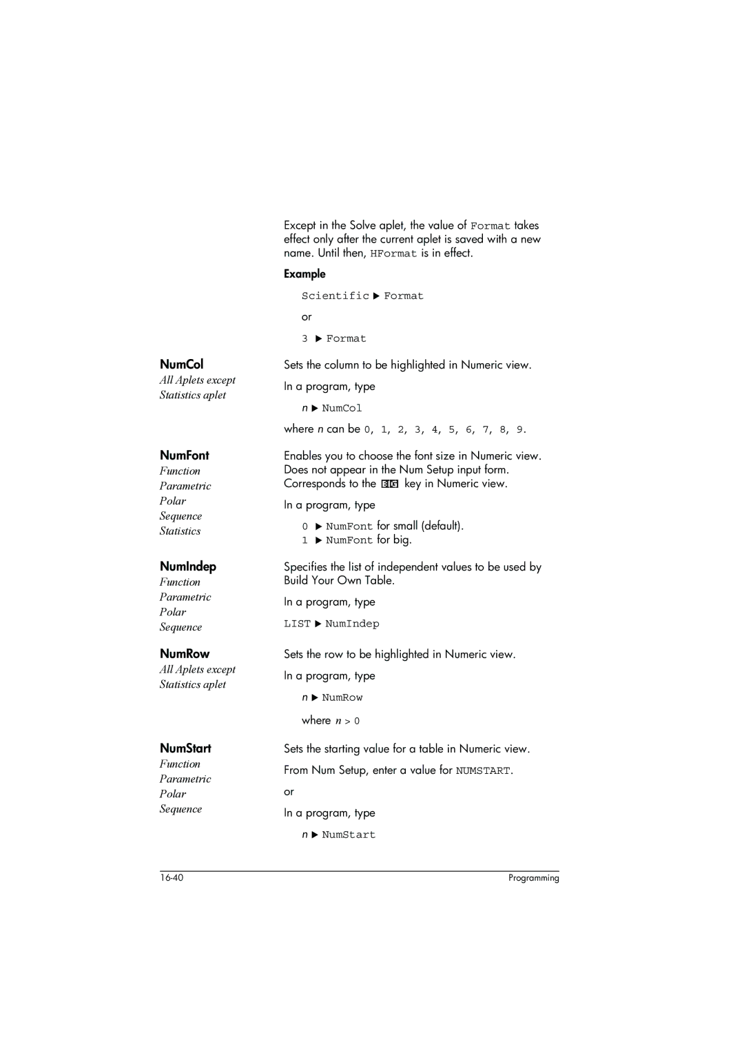 HP 39g+ Graphing manual NumCol, NumFont, NumIndep, NumRow, NumStart 