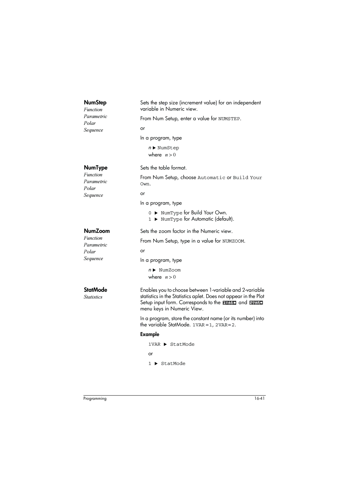 HP 39g+ Graphing manual NumStep, NumType, NumZoom, StatMode 