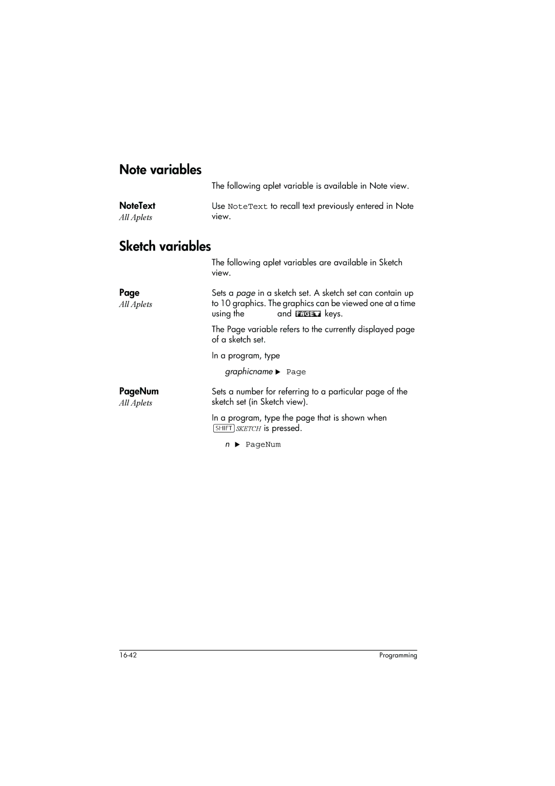 HP 39g+ Graphing manual Sketch variables, PageNum, Graphicname X 