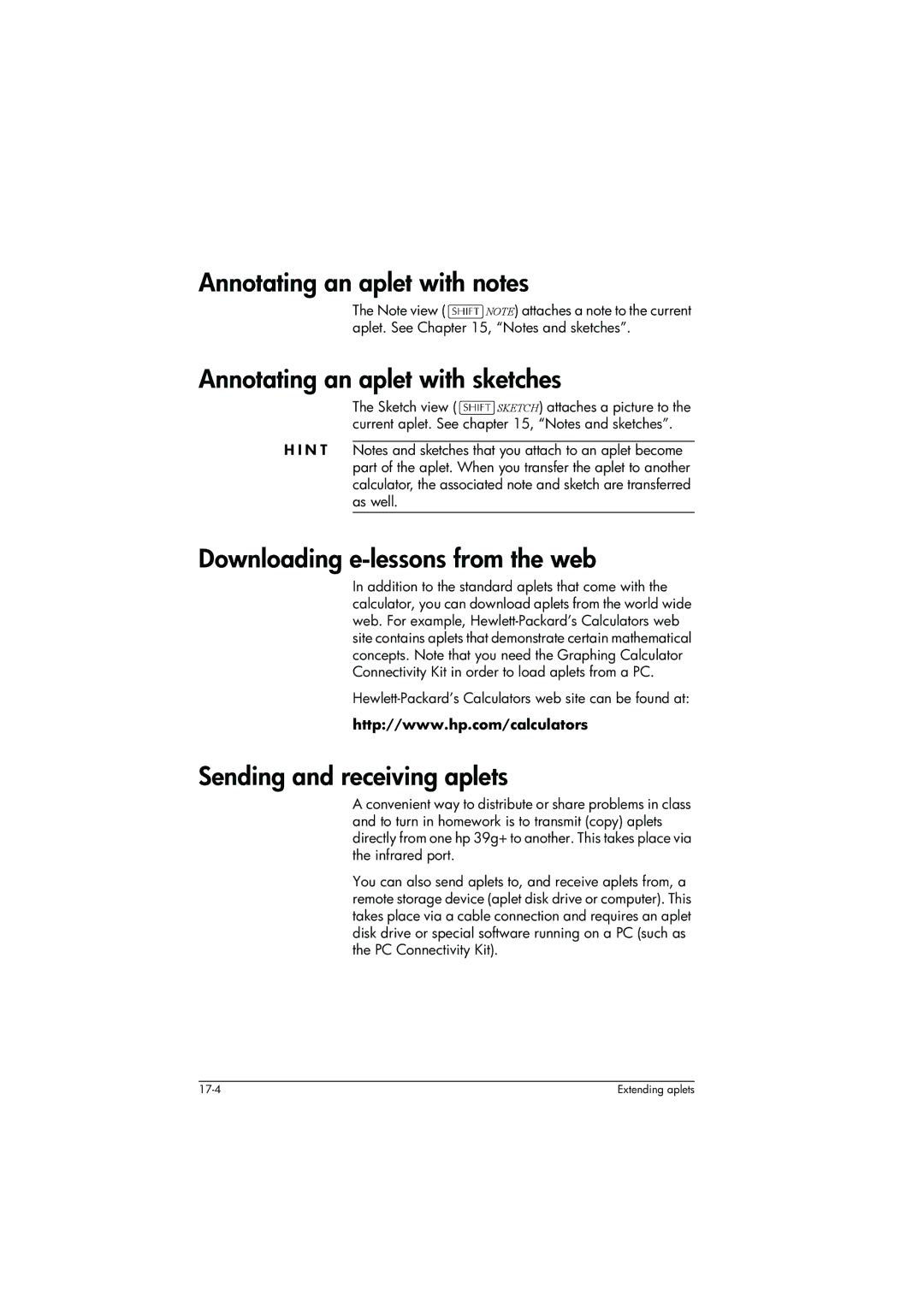 HP 39g+ Graphing manual Downloading e-lessons from the web, Sending and receiving aplets 