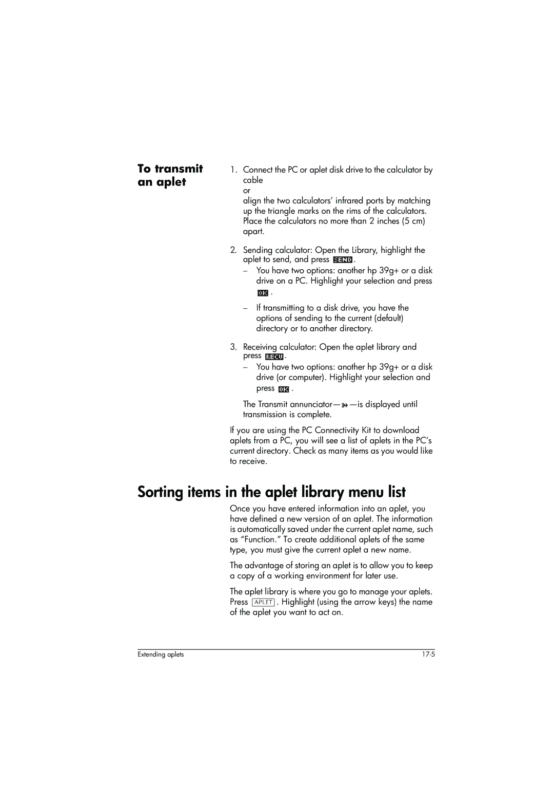 HP 39g+ Graphing manual Sorting items in the aplet library menu list, To transmit an aplet 