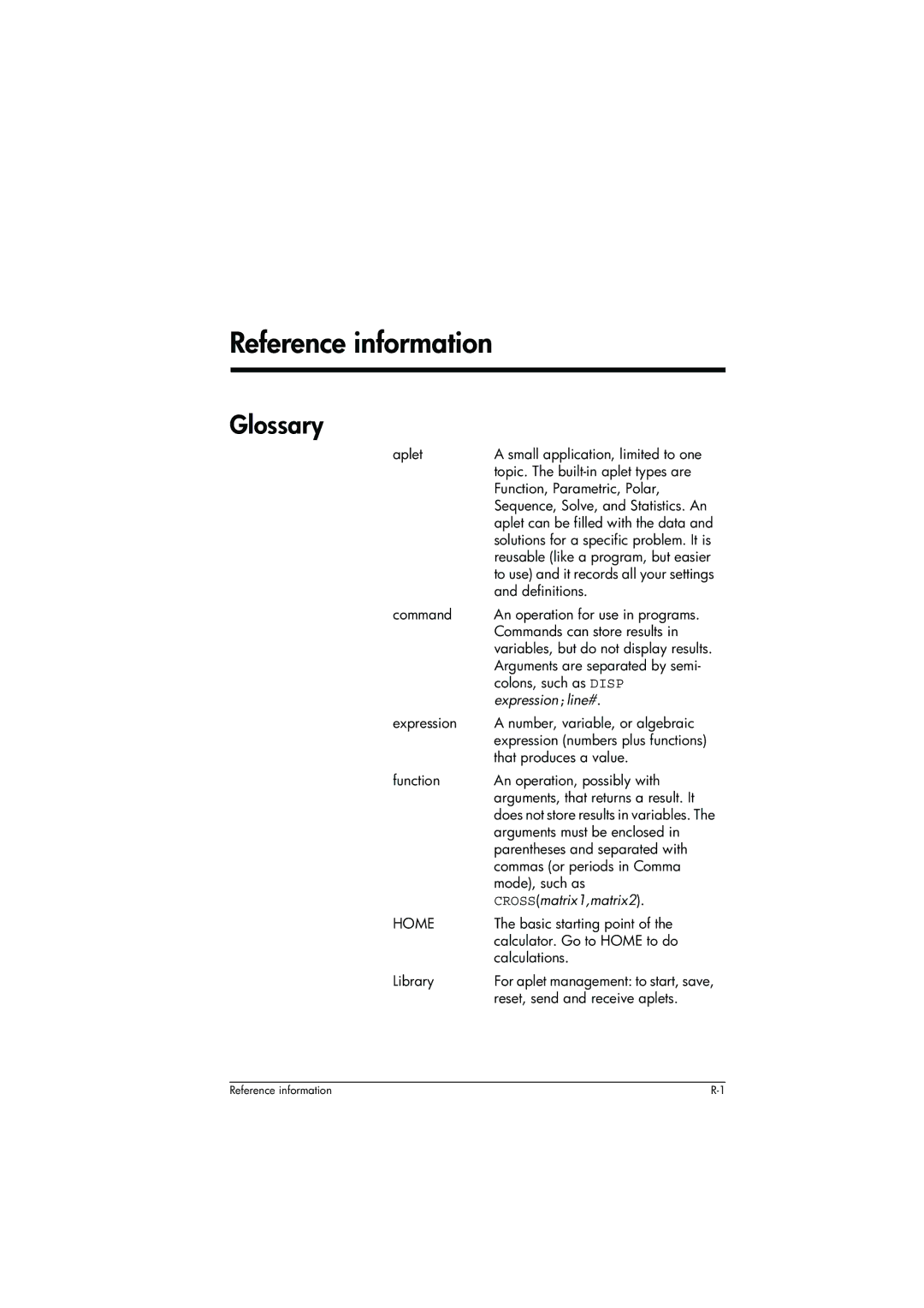 HP 39g+ Graphing manual Reference information, Glossary, Expression line#, Cross matrix1,matrix2 