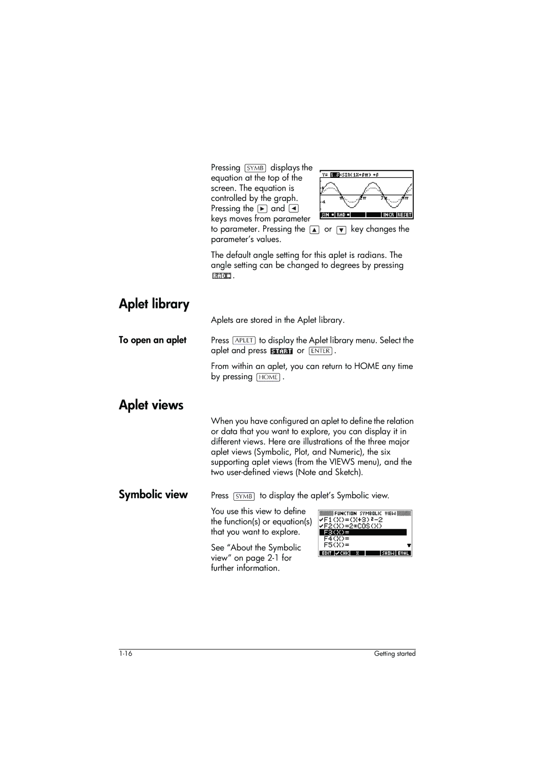 HP 39g+ Graphing manual Aplet library, Aplet views, Symbolic view 