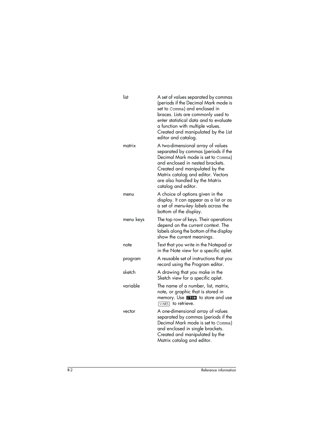 HP 39g+ Graphing manual Set to Comma and enclosed, Function with multiple values, Enclosed in nested brackets, Menu keys 