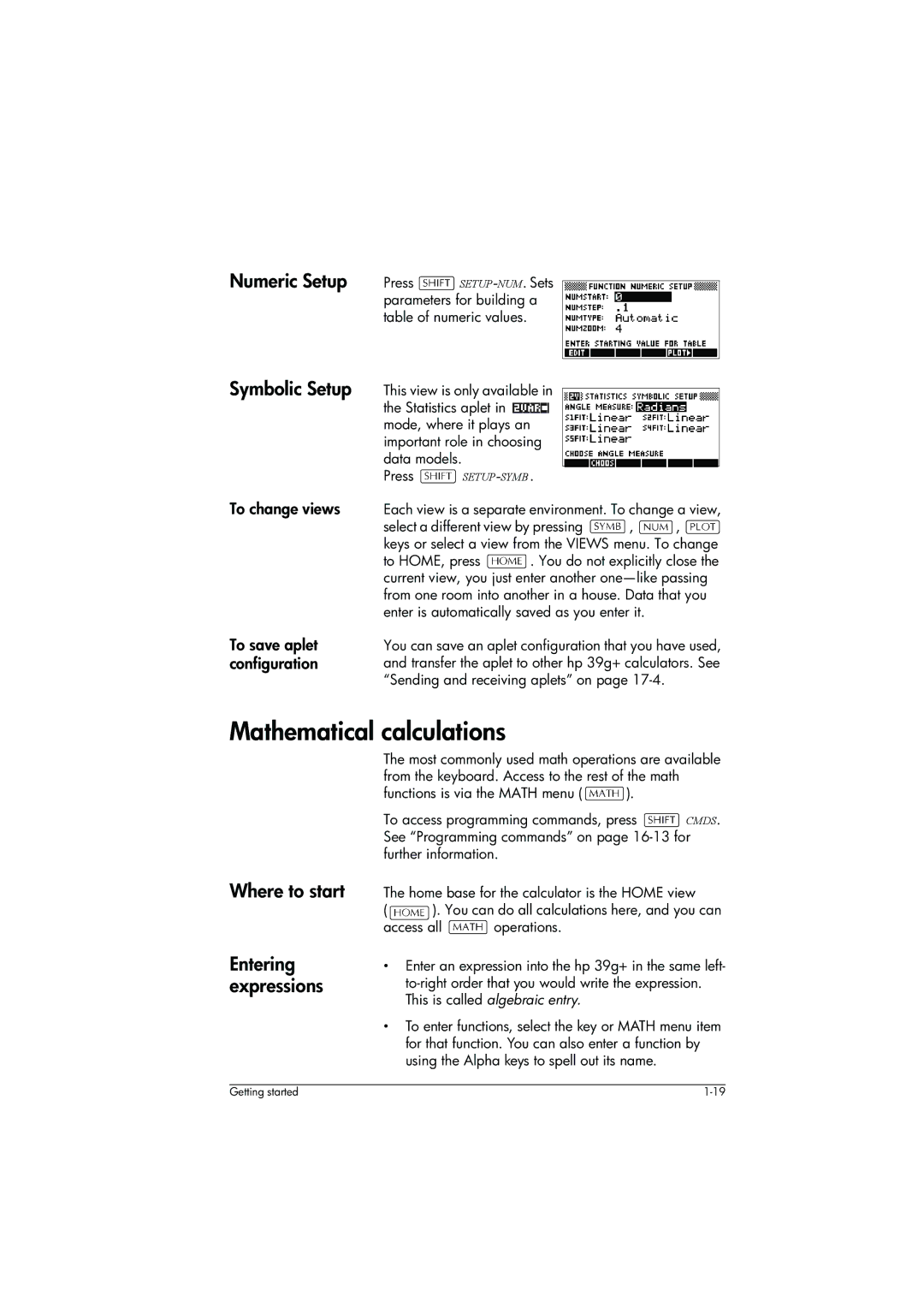 HP 39g+ Graphing manual Mathematical calculations, Numeric Setup Symbolic Setup, Where to start, Entering expressions 