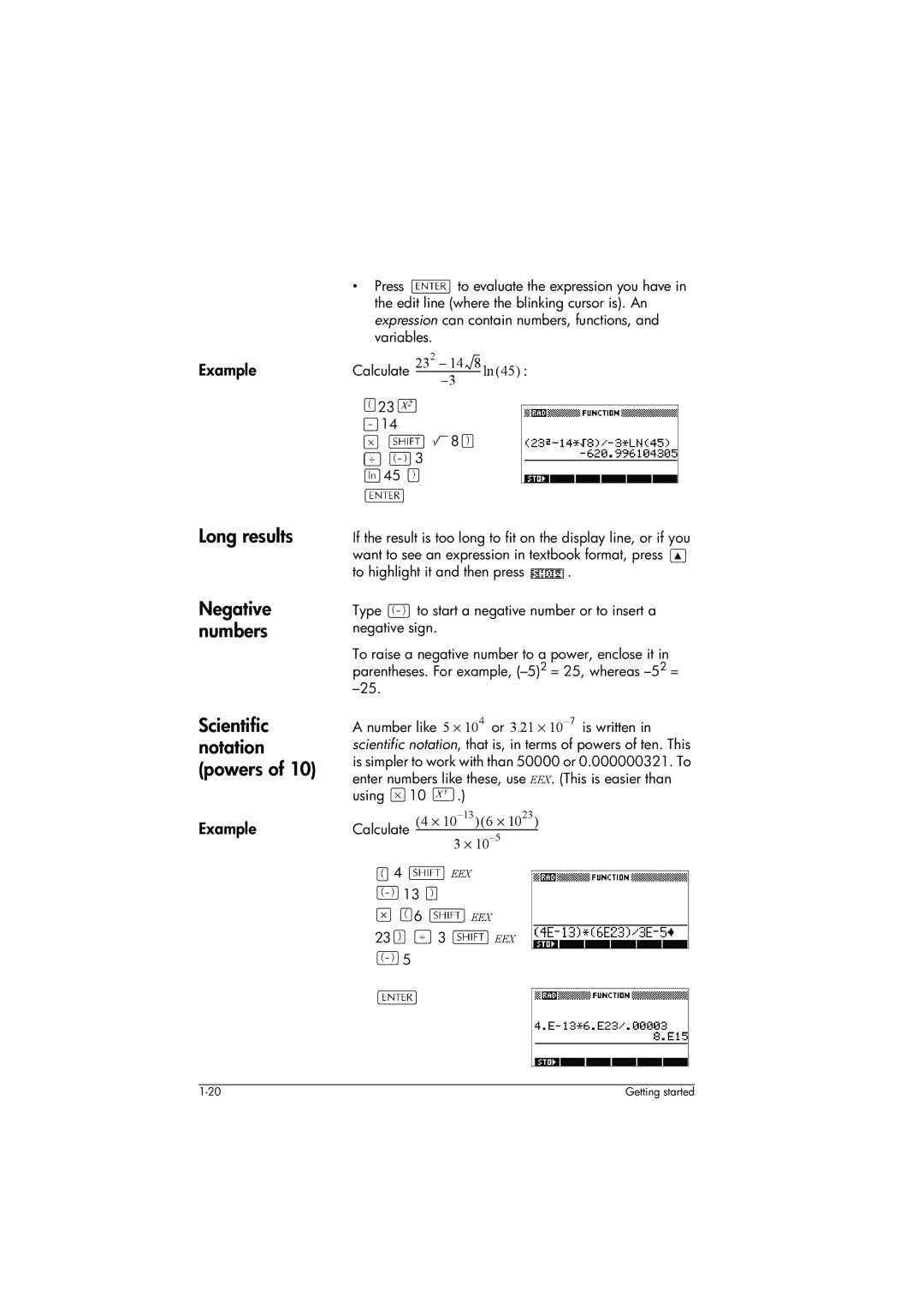 HP 39g+ Graphing manual Long results Negative numbers Scientific notation powers, Using, 23 3 EEX 