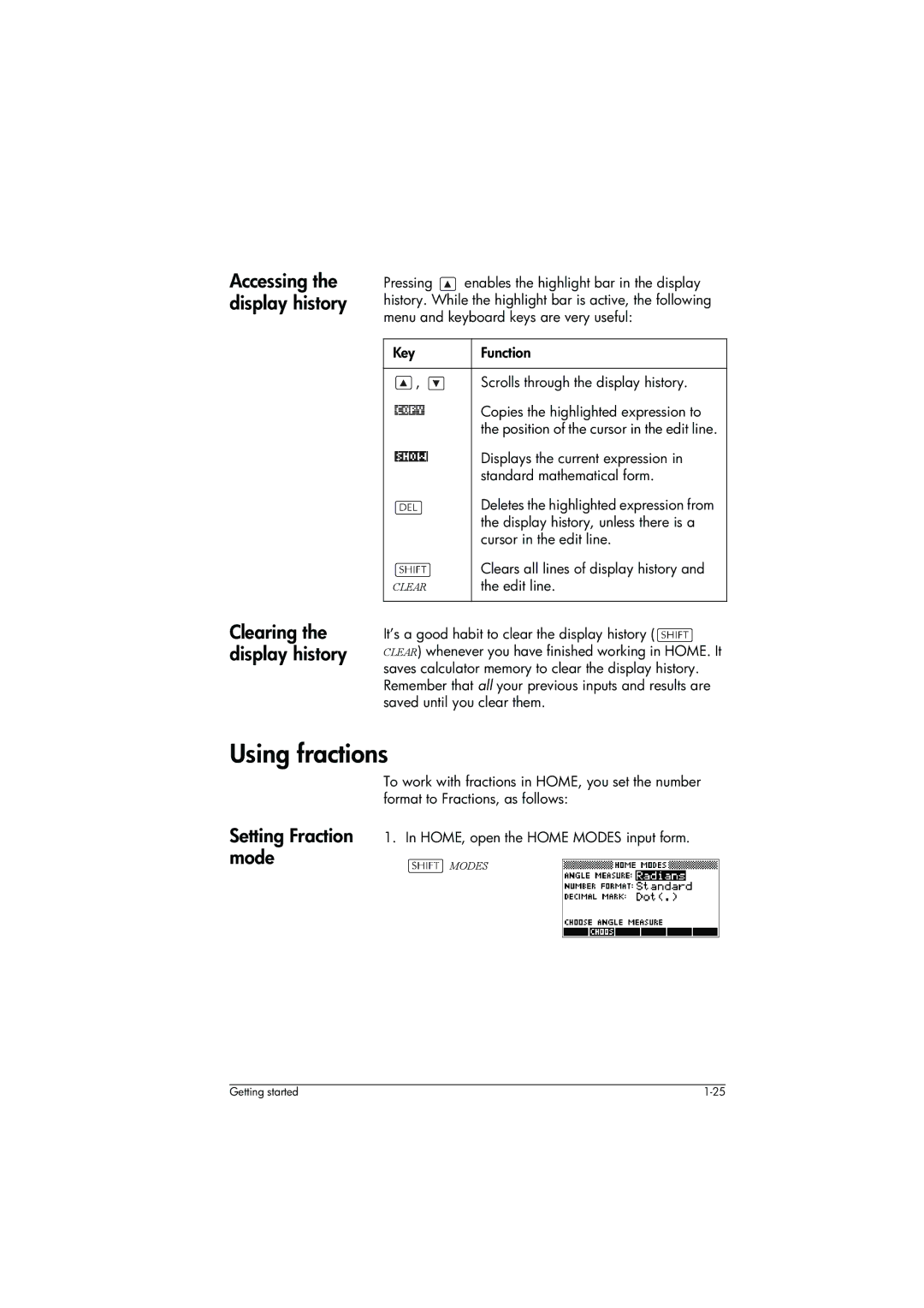 HP 39g+ Graphing manual Using fractions, Accessing the display history Clearing the display history, Setting Fraction mode 