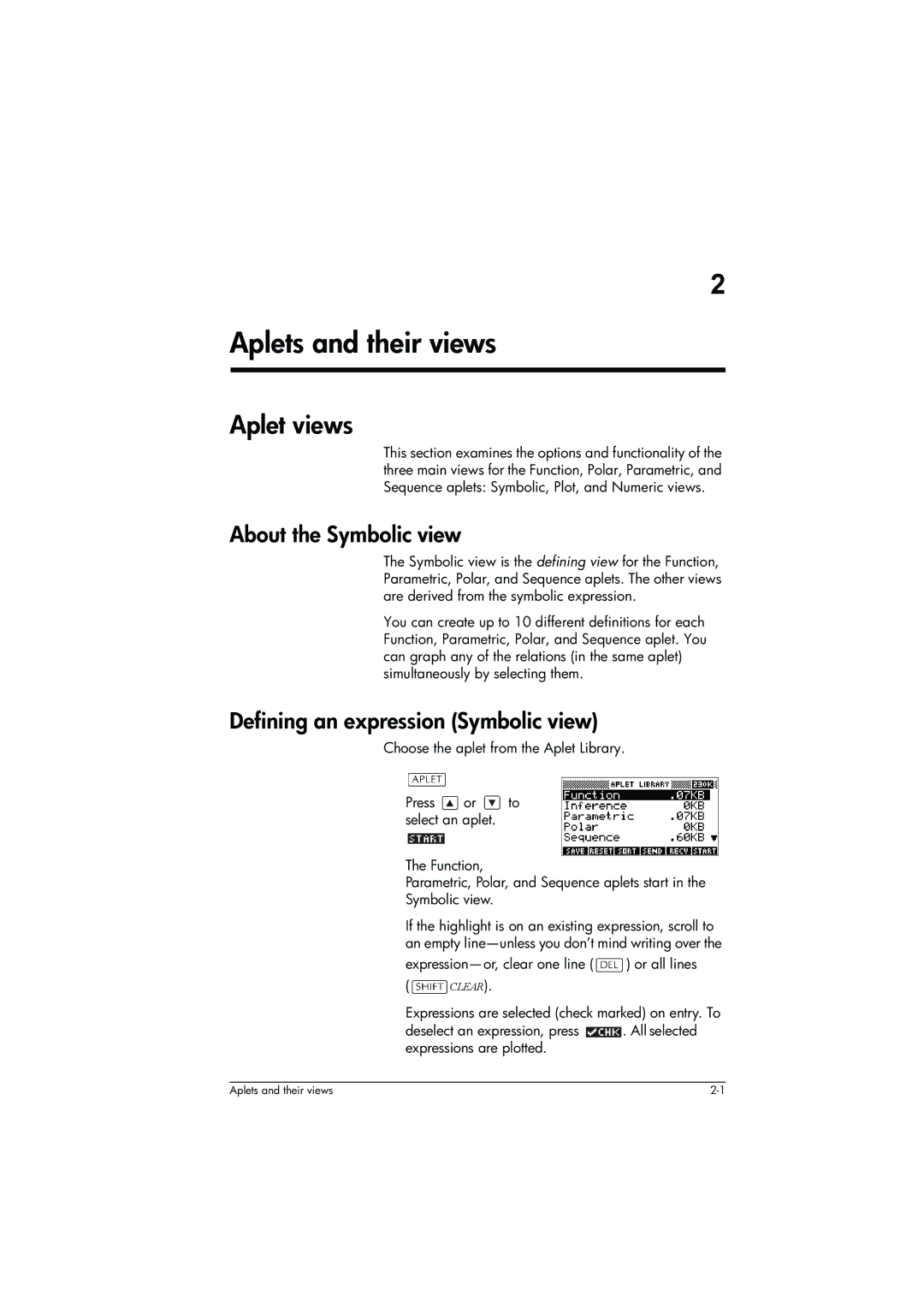 HP 39g+ Graphing manual Aplets and their views, Aplet views, About the Symbolic view, Defining an expression Symbolic view 