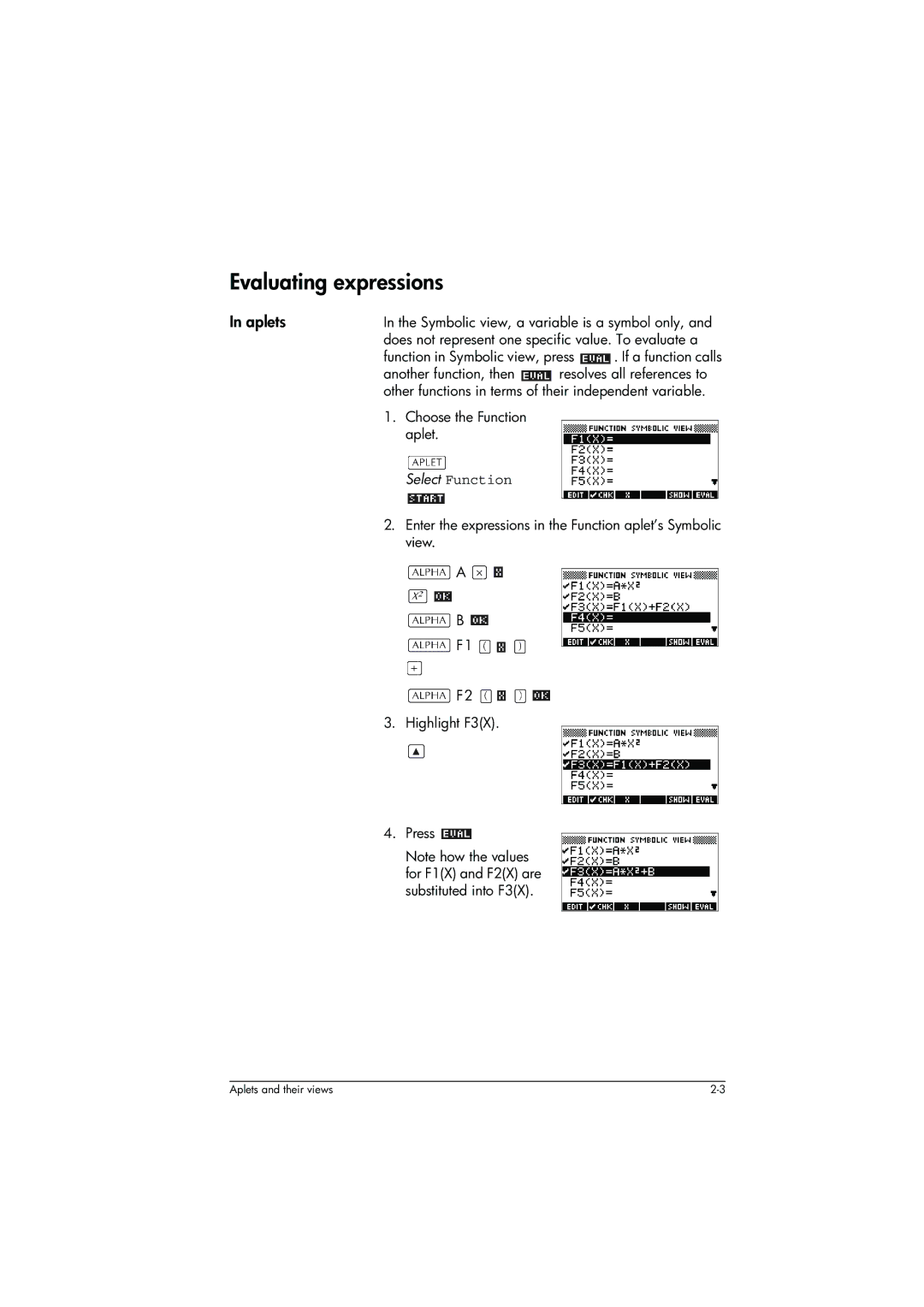 HP 39g+ Graphing manual Evaluating expressions, Aplets, Select Function 