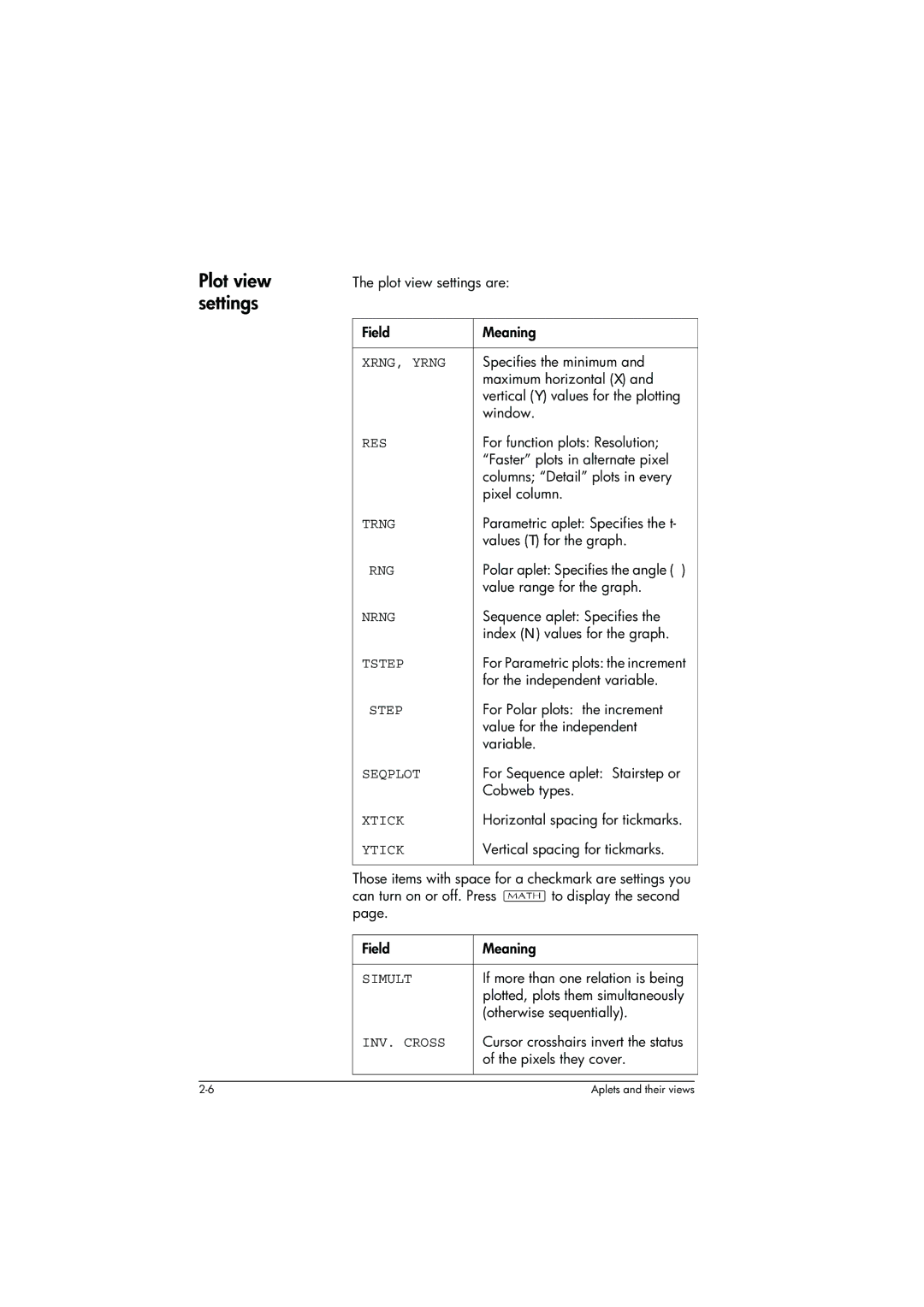 HP 39g+ Graphing manual Plot view settings, Θrng, Θstep 