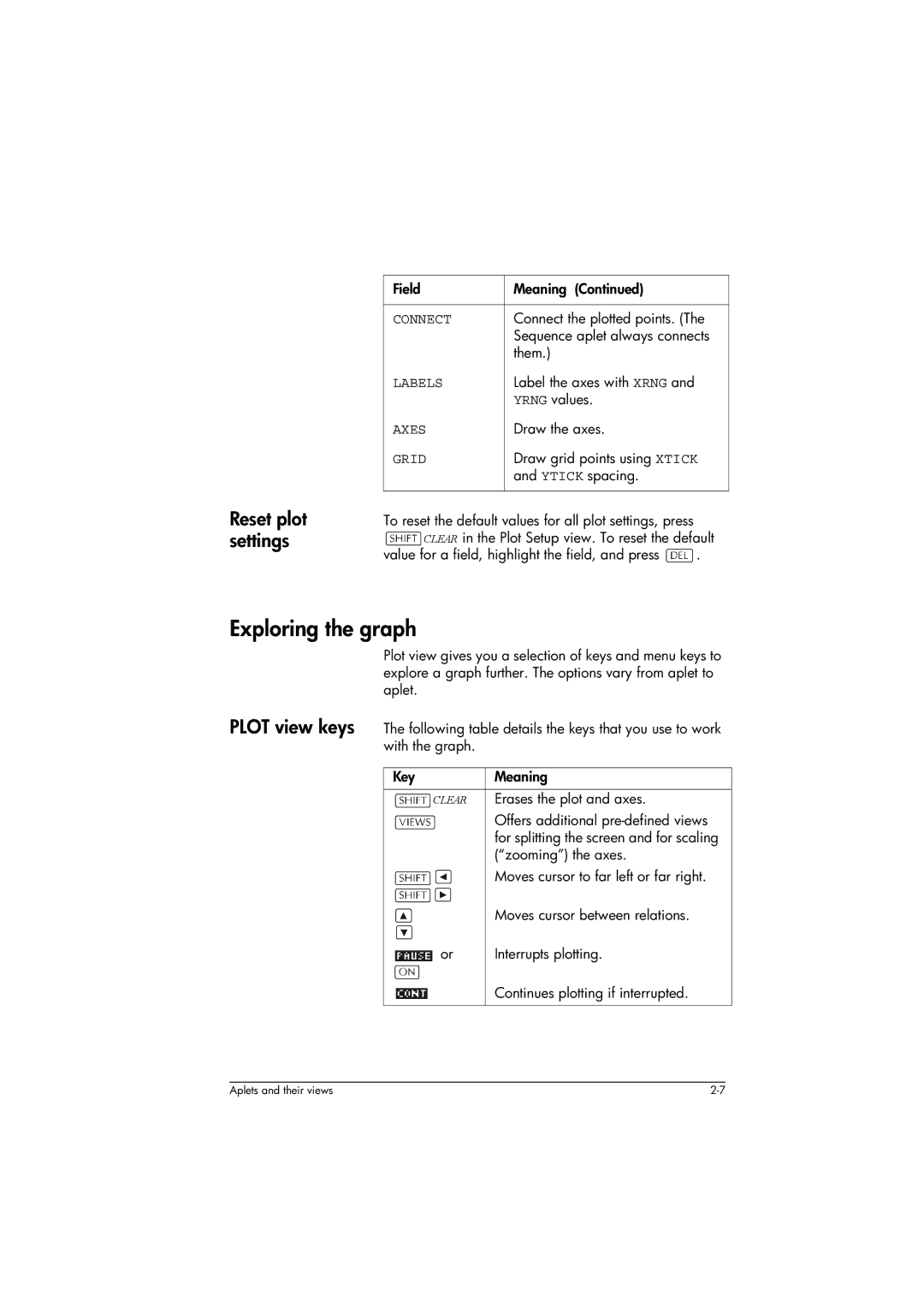 HP 39g+ Graphing manual Exploring the graph, Reset plot settings 