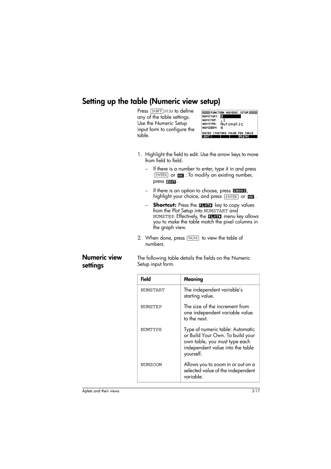 HP 39g+ Graphing manual Setting up the table Numeric view setup, Numeric view settings 