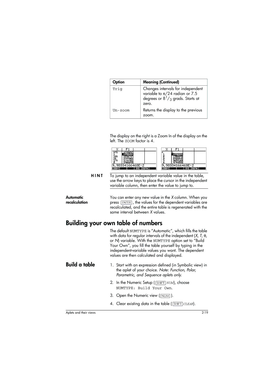 HP 39g+ Graphing manual Building your own table of numbers, Build a table, Numtype Build Your Own 