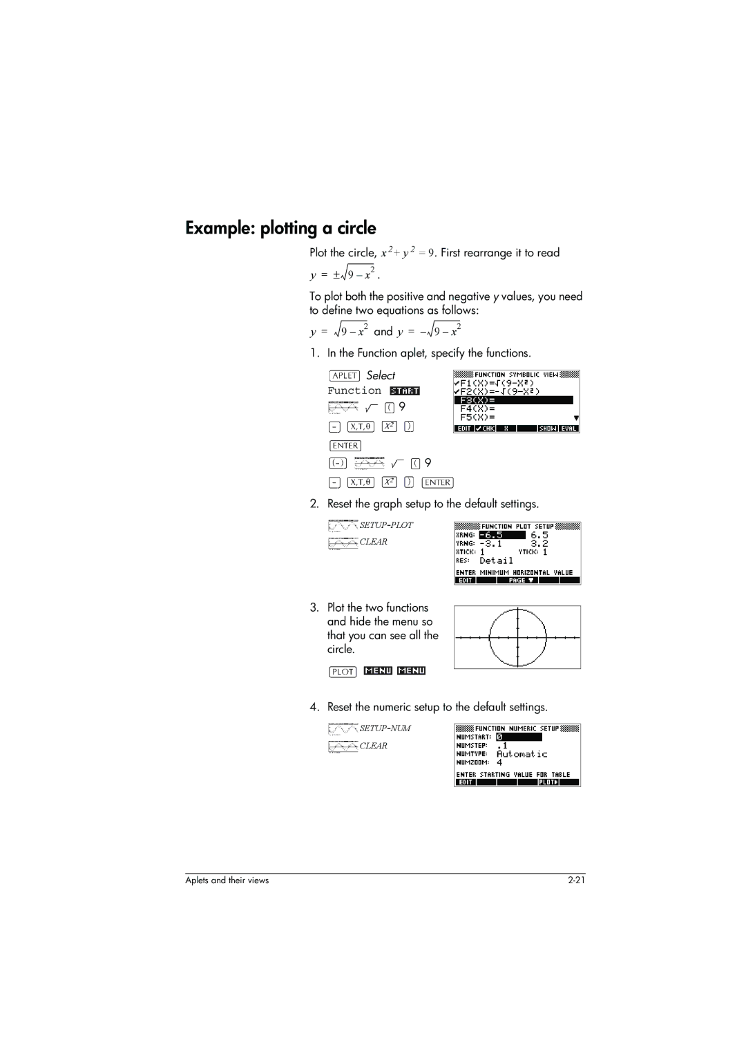 HP 39g+ Graphing manual Example plotting a circle, Plot the circle, x 2+ y 2 = 9. First rearrange it to read, Function 