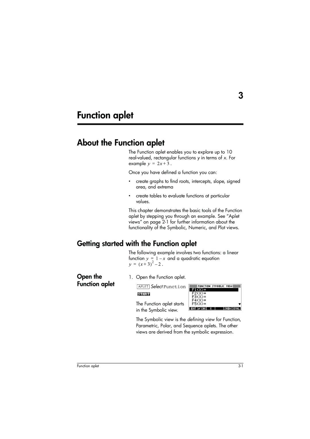 HP 39g+ Graphing manual About the Function aplet, Getting started with the Function aplet, Open the Function aplet 