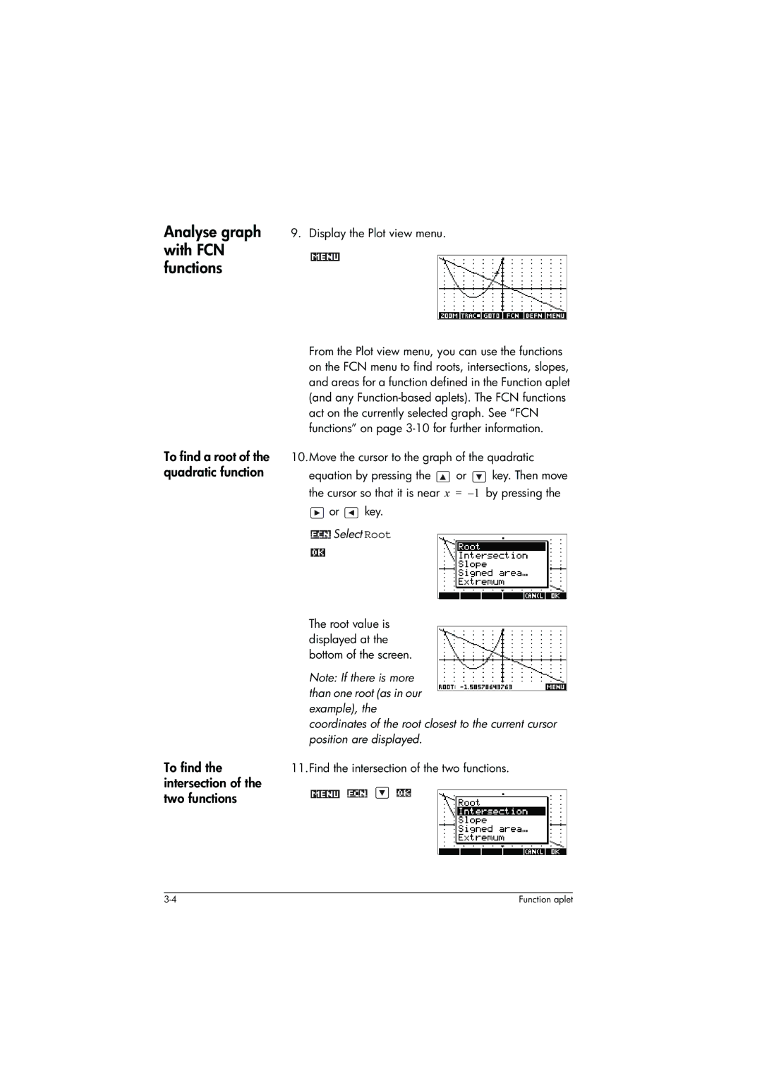 HP 39g+ Graphing manual Analyse graph with FCN functions, Select Root 