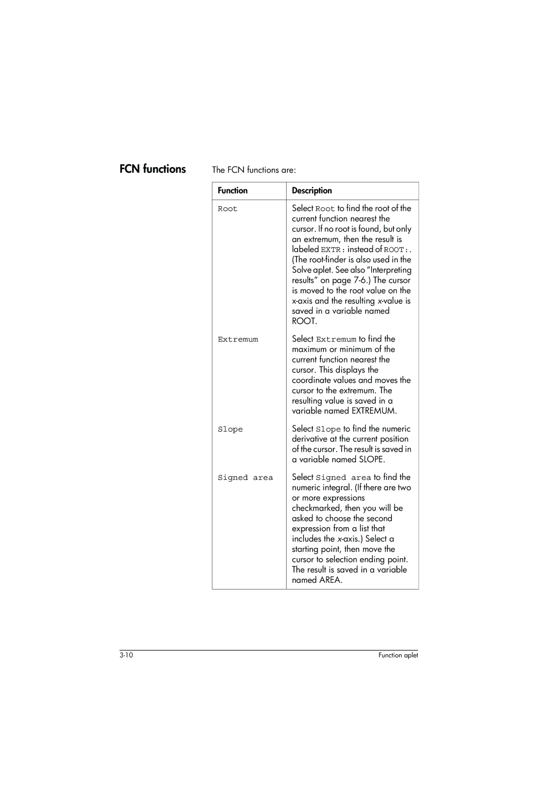 HP 39g+ Graphing manual FCN functions, Root, Extremum, Slope, Signed area 