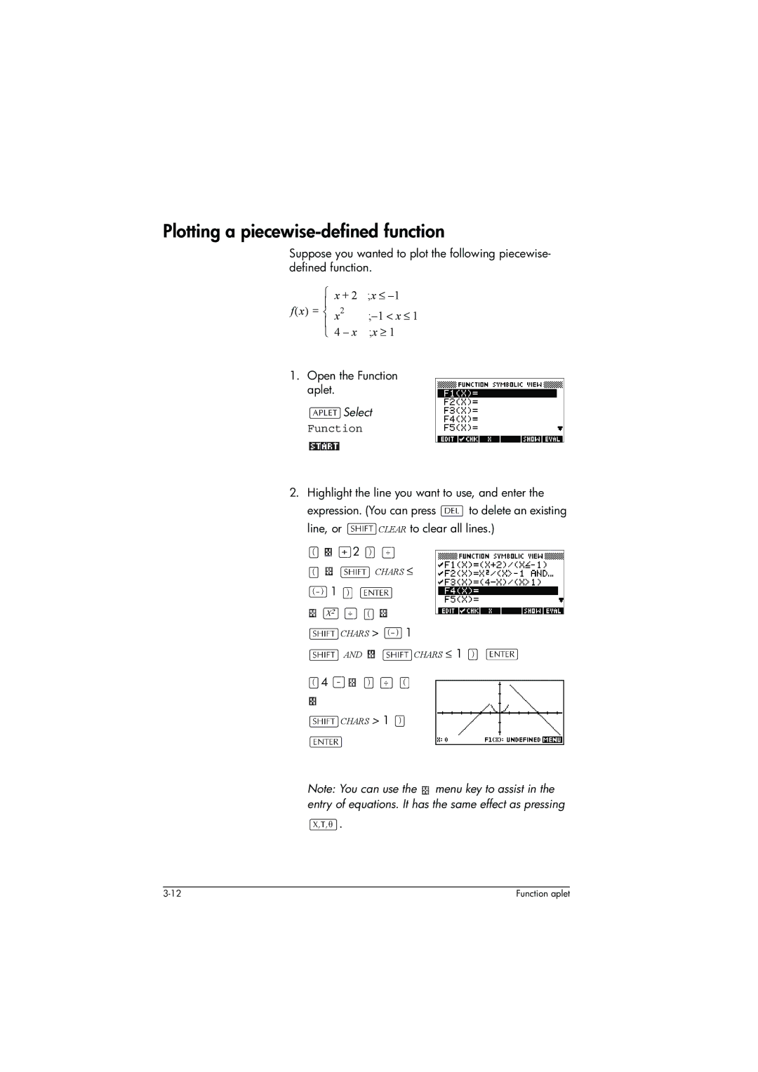 HP 39g+ Graphing manual Plotting a piecewise-defined function, Open the Function aplet 