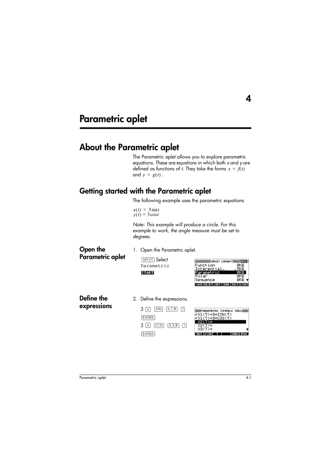 HP 39g+ Graphing manual About the Parametric aplet, Getting started with the Parametric aplet, Define the expressions 