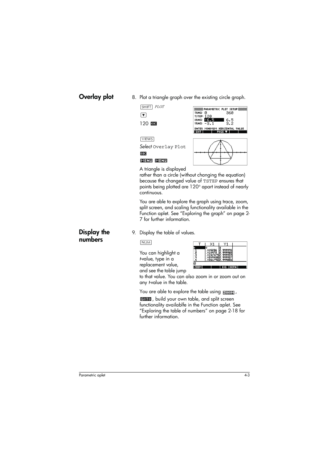 HP 39g+ Graphing manual Overlay plot Display the numbers, Plot a triangle graph over the existing circle graph, 120 