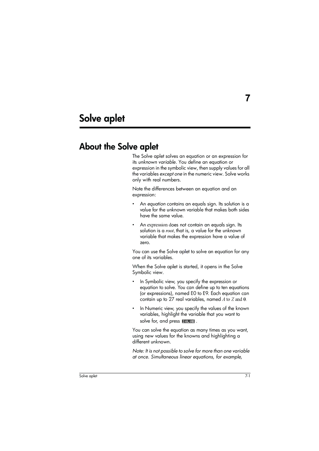 HP 39g+ Graphing manual About the Solve aplet 