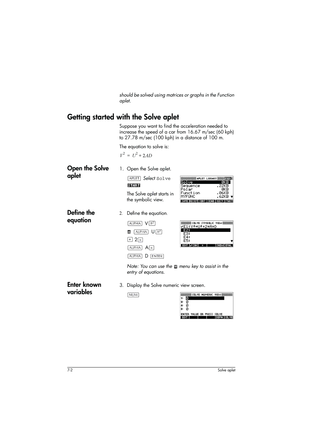 HP 39g+ Graphing Getting started with the Solve aplet, Open the Solve aplet, Define the equation Enter known variables 