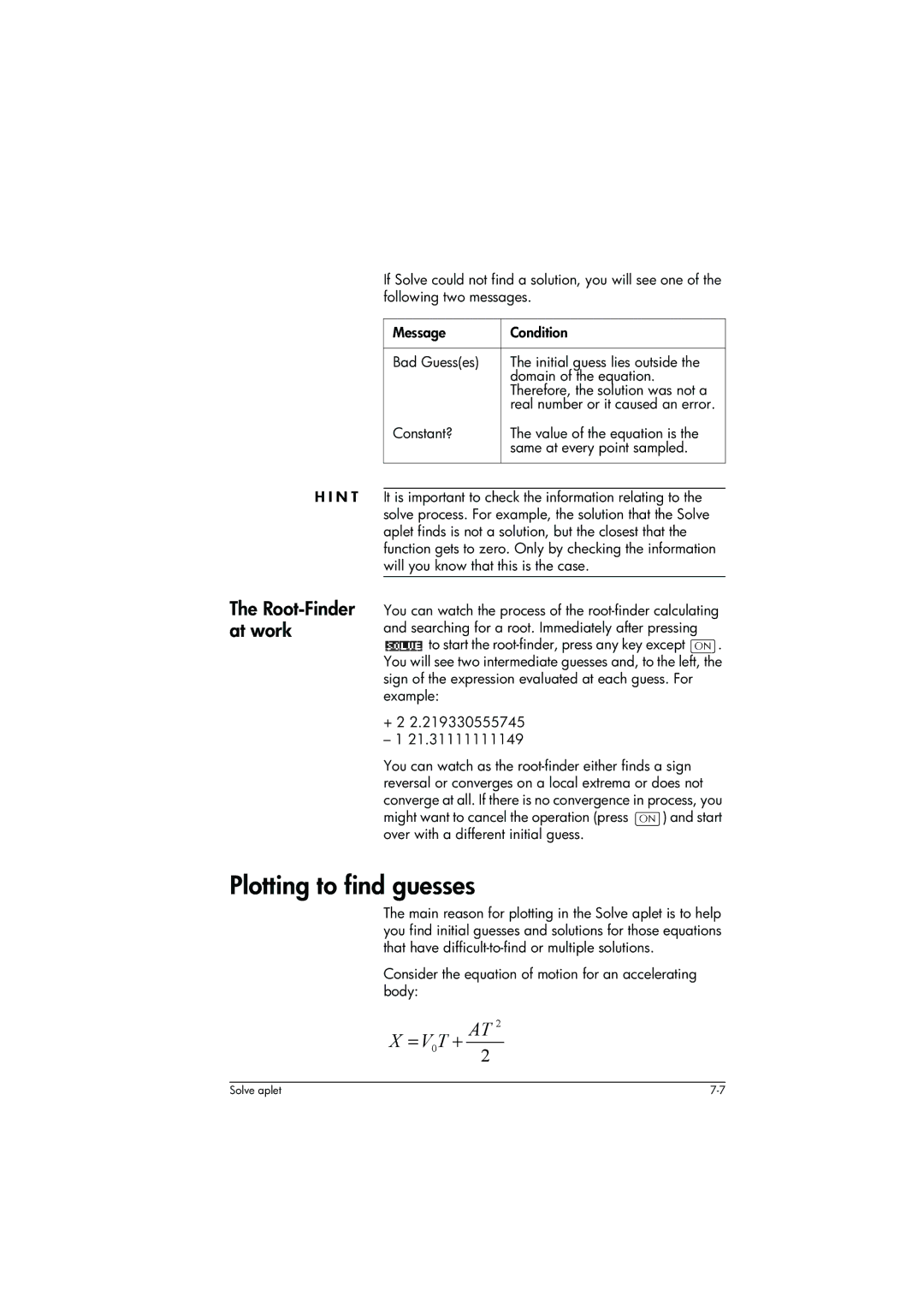 HP 39g+ Graphing manual Plotting to find guesses, Consider the equation of motion for an accelerating body 