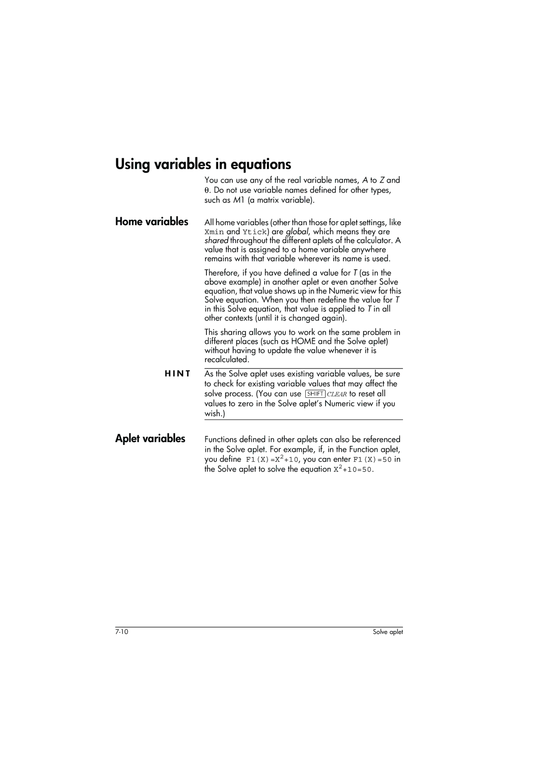 HP 39g+ Graphing manual Using variables in equations 