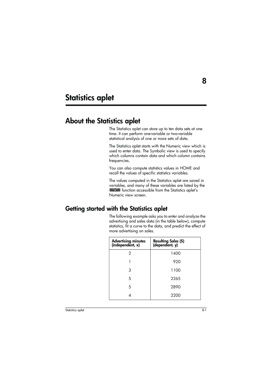 HP 39g+ Graphing manual About the Statistics aplet, Getting started with the Statistics aplet 