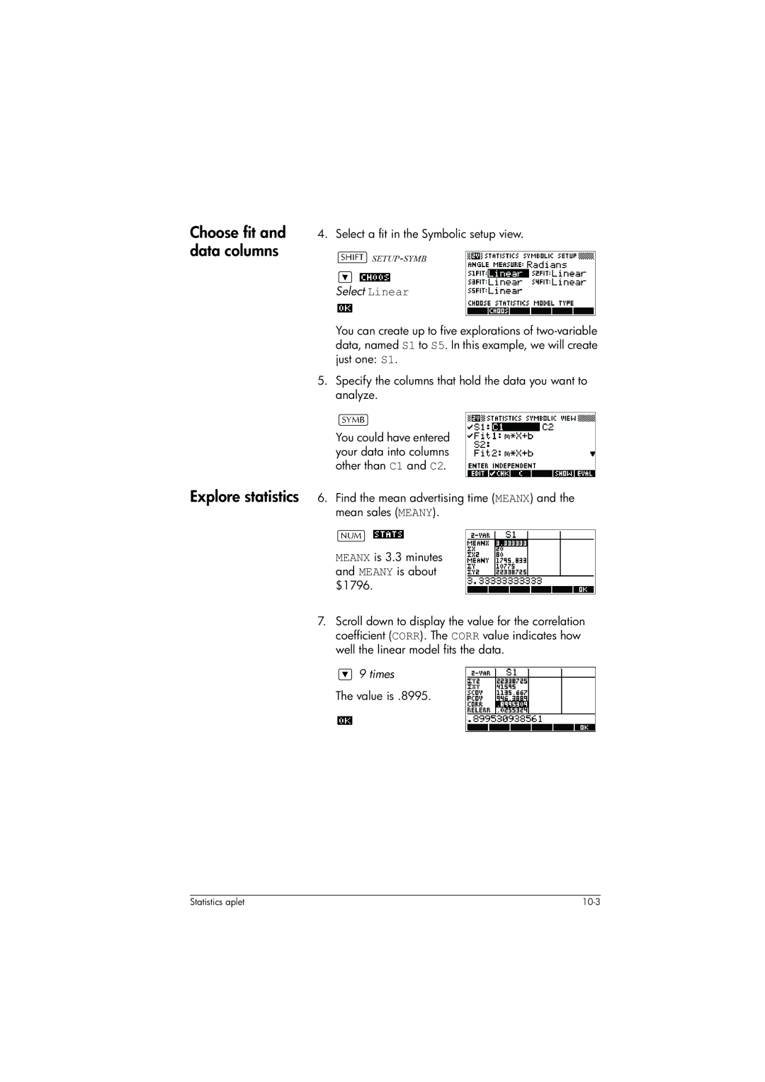 HP 39gs Graphing manual Choose fit and data columns Explore statistics, Select a fit in the Symbolic setup view, Value is 