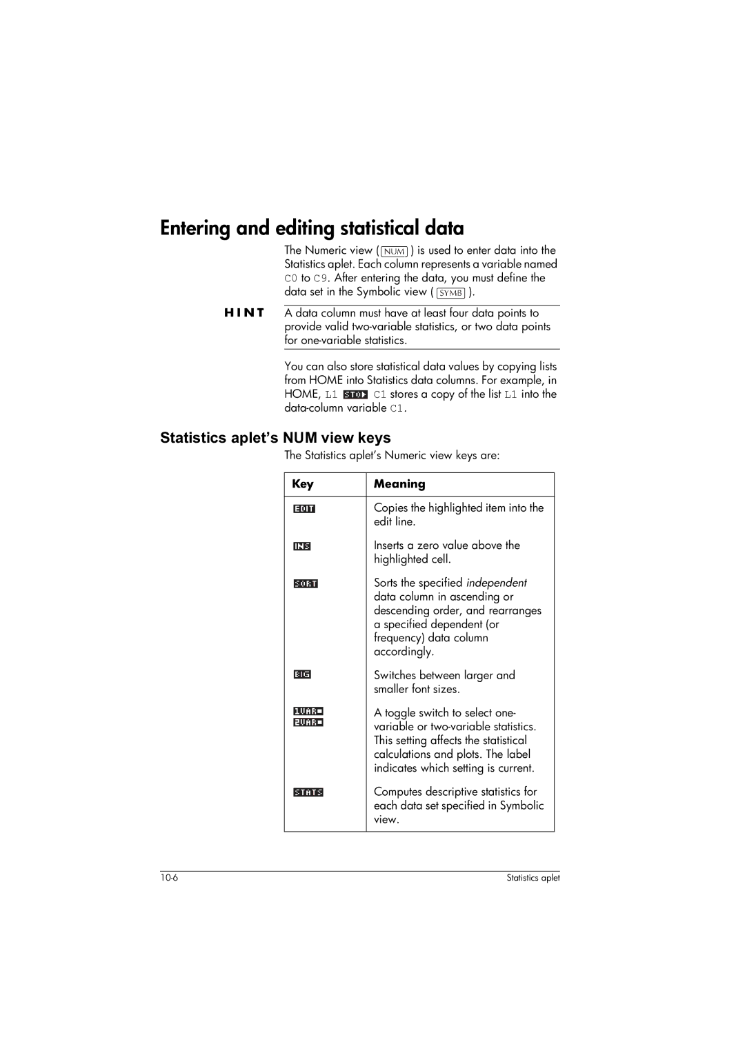 HP 39gs Graphing manual Entering and editing statistical data, Statistics aplet’s Numeric view keys are 