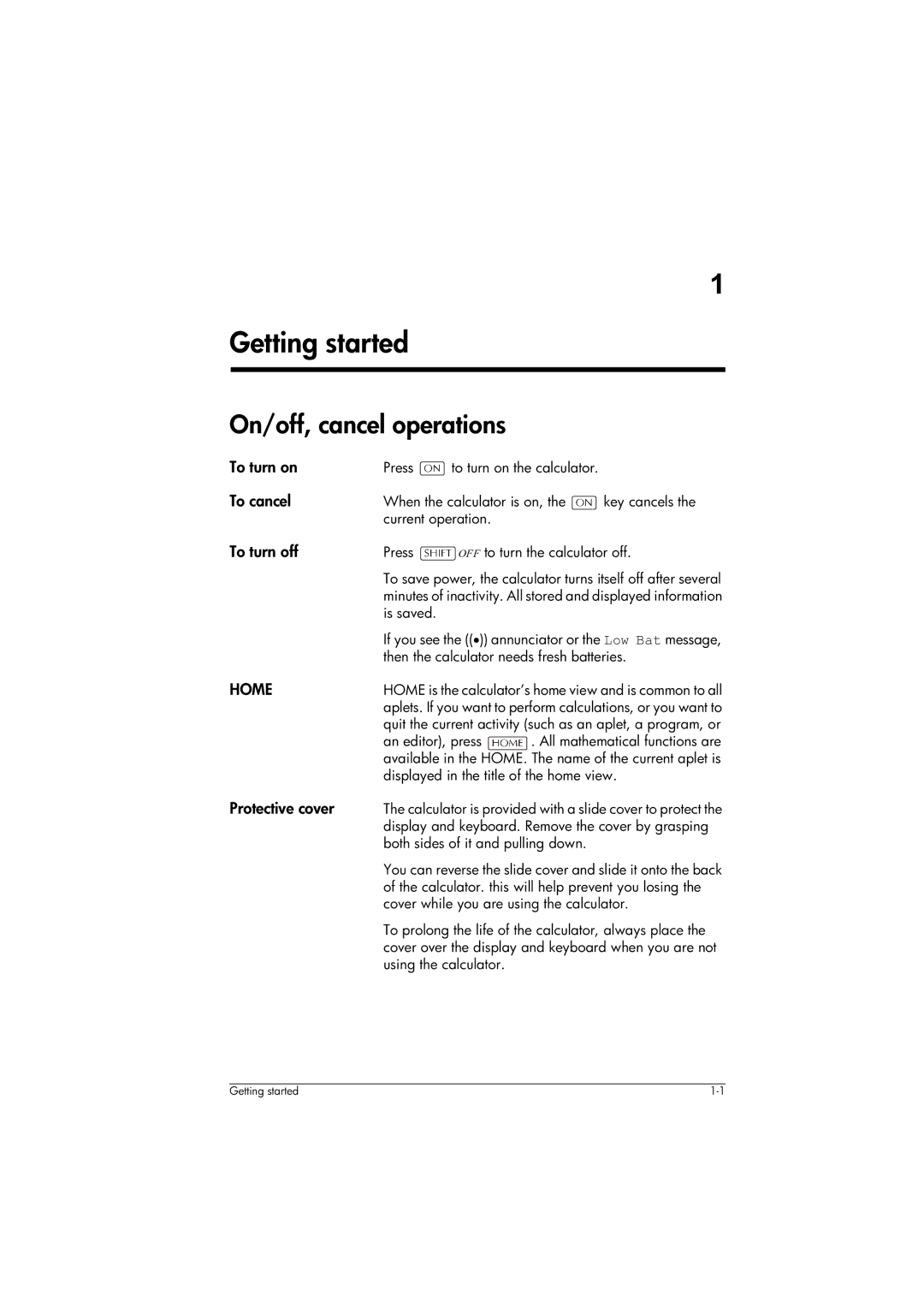 HP 39gs Graphing manual Getting started, On/off, cancel operations, Home 