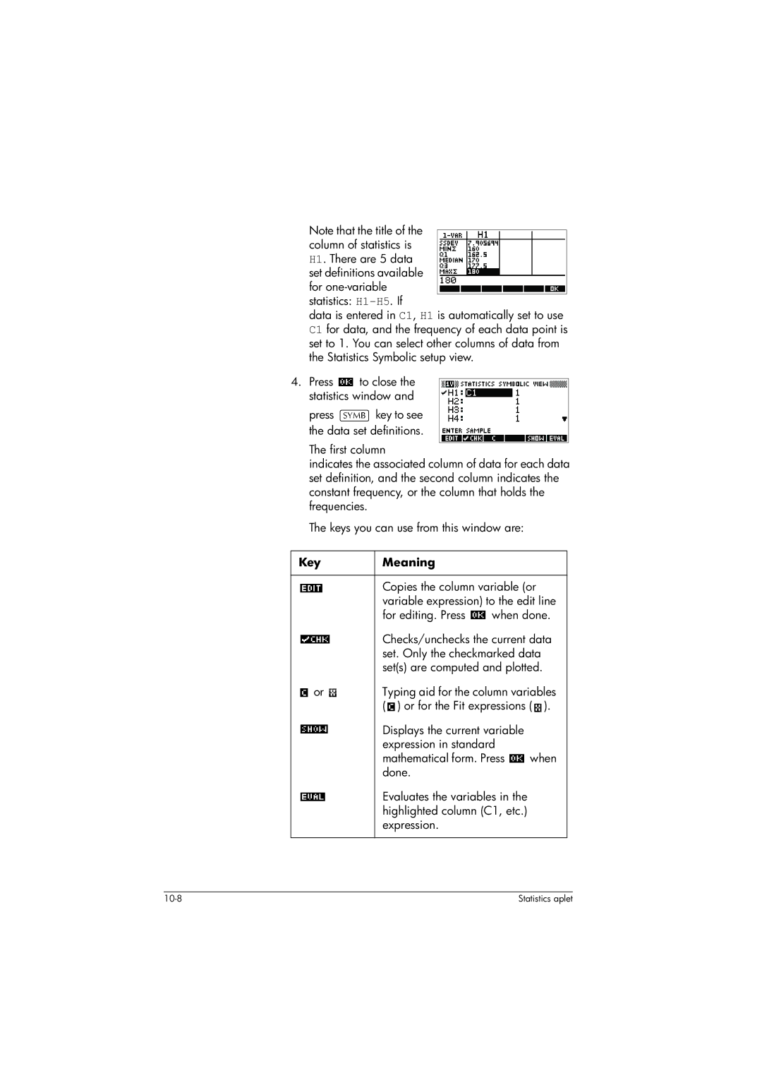 HP 39gs Graphing manual Copies the column variable or, Variable expression to the edit line, Expression 