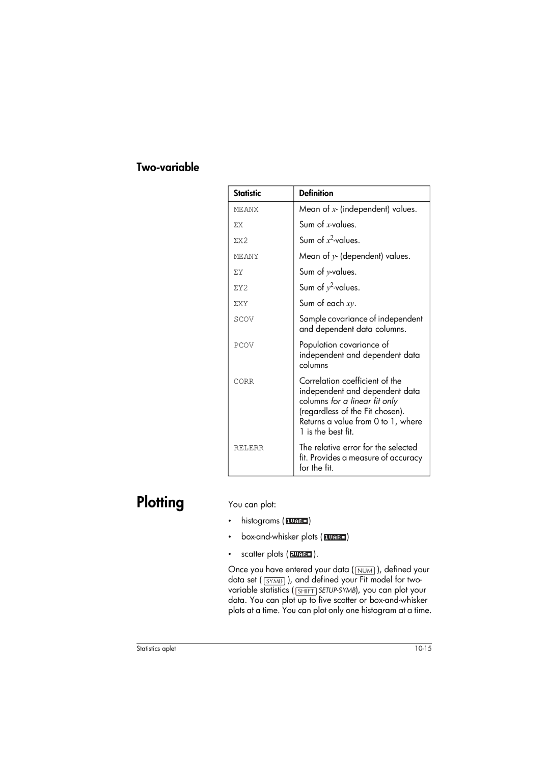 HP 39gs Graphing manual Plotting, Two-variable, Columns for a linear fit only 